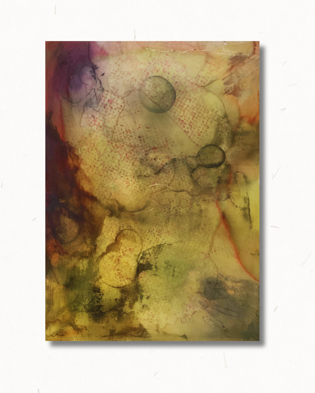 Borrowed (Poetry Interpretation) — an ink painting with warm amber, moss green, and soft violet blooms