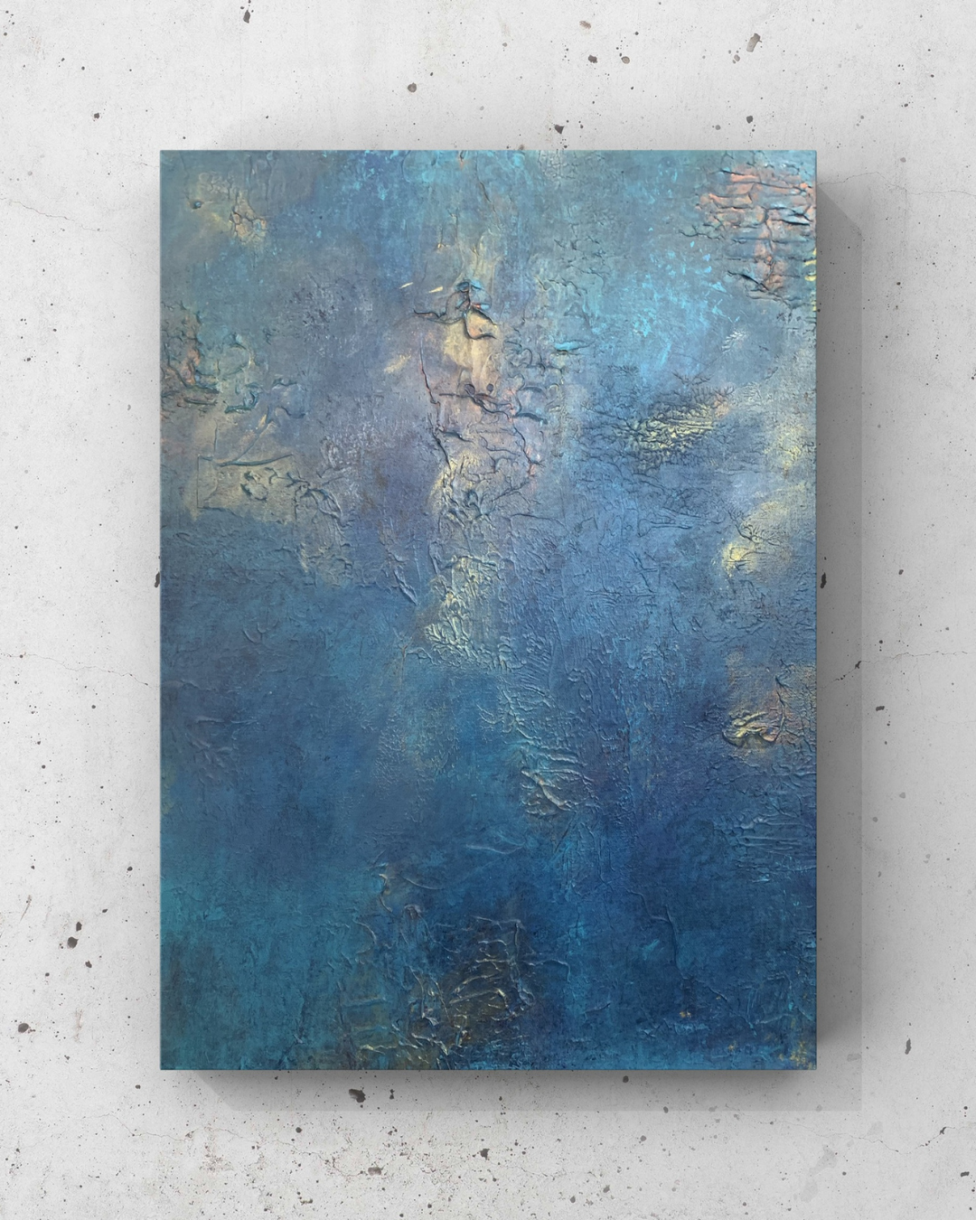 Angels — a textured blue abstract painting with misty aqua, gray, and pale gold details
